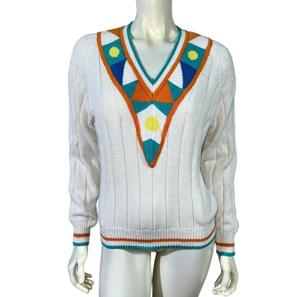 Vintage 90s Room Works Geometric Art Deco V-Neck Cotton Sweater White Multi M - Picture 9 of 9
